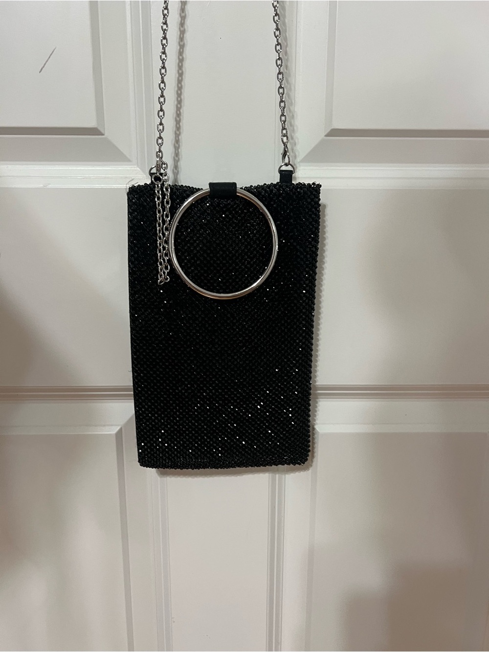 Black Beaded Crossbody Clutch with Silver Ring Handle